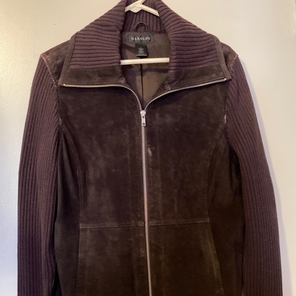 Vintage Harold’s Leather jacket with sweater sleeves Size Large - Dark Brown